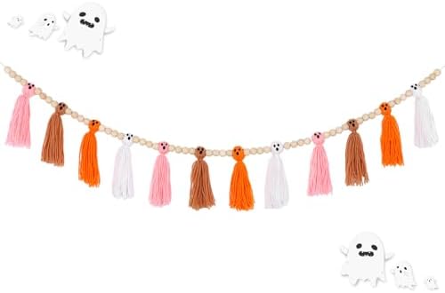 Whaline Halloween Ghost Garland Tassel with Wood Beads