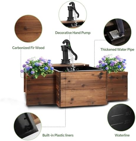 Outdoor Water Fountain with Wooden Base and Flower Box