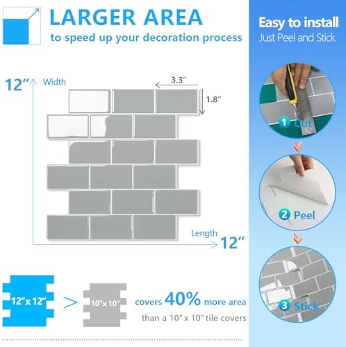 STICKGOO 10-Sheet Subway Tiles Self Adhesive Splashbacks Light Grey Thicker Design