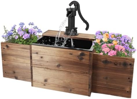 Outdoor Water Fountain with Wooden Base and Flower Box