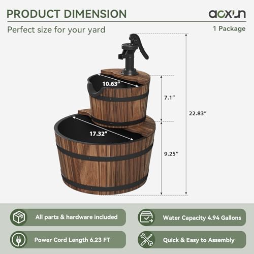 Aoxun 2-Tier Outdoor Water Fountain with Wood Barrel and Electric Pump