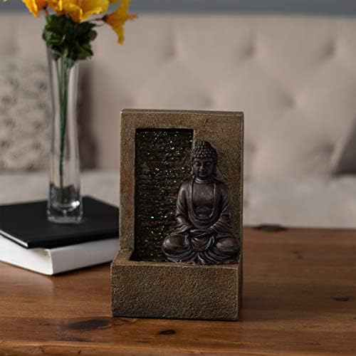 Pure Garden Tabletop Water Fountain - Sitting Buddha Statue by Stone Wall Waterfall