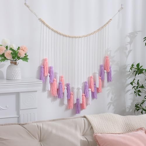 Boho Macrame Wall Hanging with Purple Pink Tassels and Wooden Beads