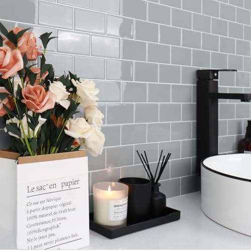 STICKGOO 10-Sheet Subway Tiles Self Adhesive Splashbacks Light Grey Thicker Design