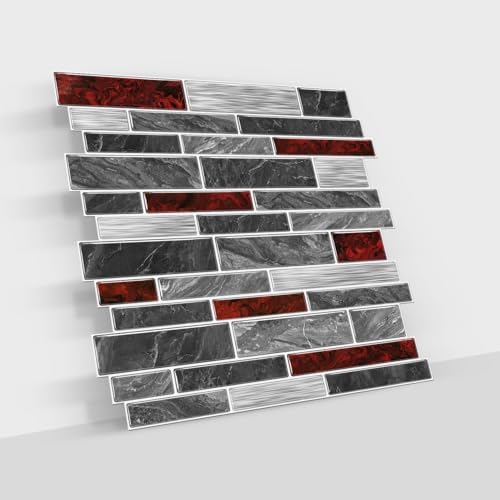Alwayspon 10 Sheets Black and Red Marble Vinyl Wall Tiles Peel and Stick
