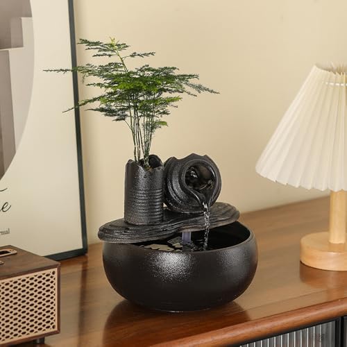 Ceramic Tabletop Fountain Water Feature Black Pot A150