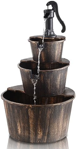 YI 40-Inch 3 Tier Barrel Waterfall Fountain Outdoor Rustic