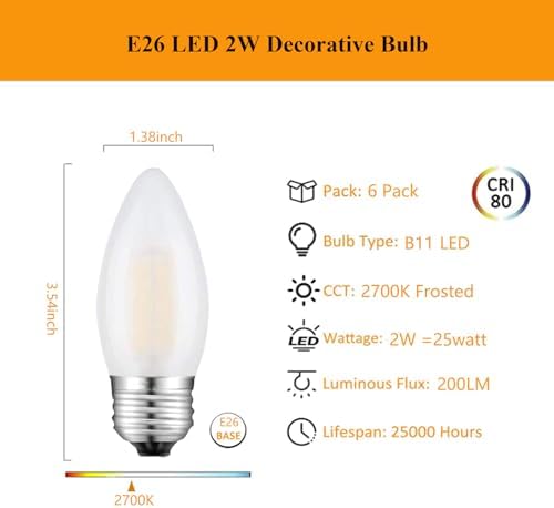 Beonllay E26 Candelabra Bulb 2W Warm White 2700K 6 Pack