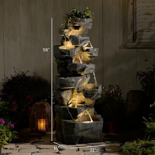 58 Inch Outdoor Garden Water Fountain with LED Lights and 6 Tiers