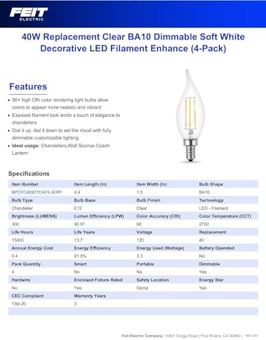 Feit Electric Candelabra LED Light Bulbs 4 Pack