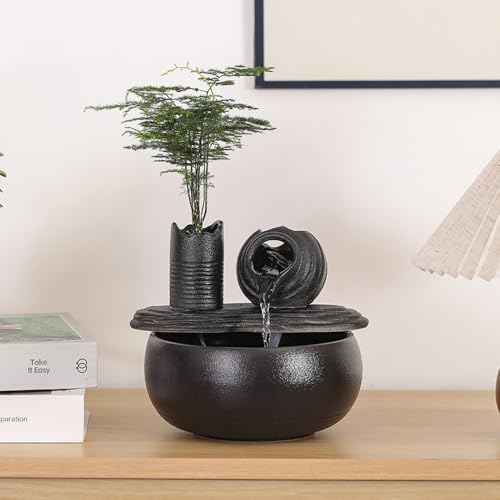 Ceramic Tabletop Fountain Water Feature Black Pot A150
