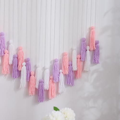 Boho Macrame Wall Hanging with Purple Pink Tassels and Wooden Beads