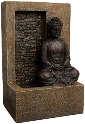 Pure Garden Tabletop Water Fountain - Sitting Buddha Statue by Stone Wall Waterfall