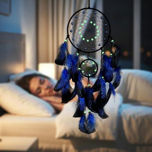 Blue and Black Dream Catcher Wall Decor with Luminous Beads