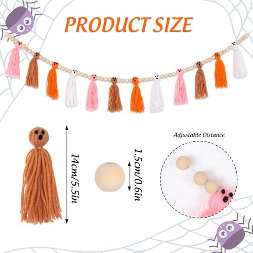 Whaline Halloween Ghost Garland Tassel with Wood Beads