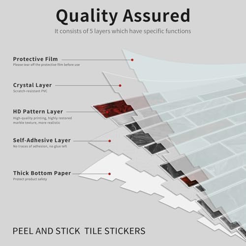 Alwayspon 10 Sheets Black and Red Marble Vinyl Wall Tiles Peel and Stick