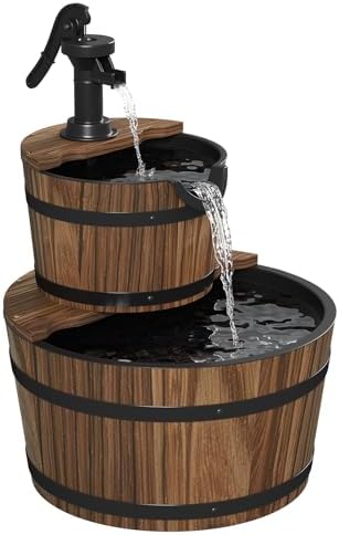 Aoxun 2-Tier Outdoor Water Fountain with Wood Barrel and Electric Pump