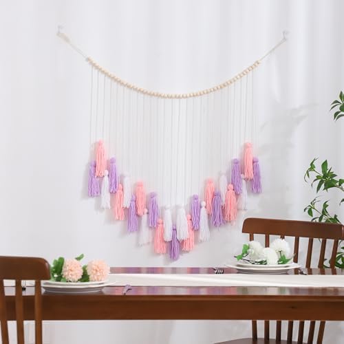 Boho Macrame Wall Hanging with Purple Pink Tassels and Wooden Beads