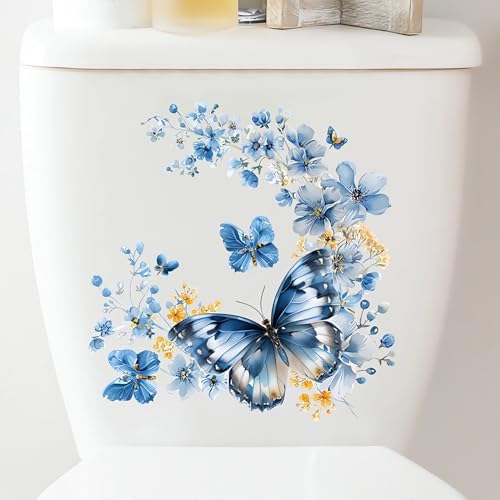 2 Sheets Blue Butterfly Flower Toilet Stickers sacinora
