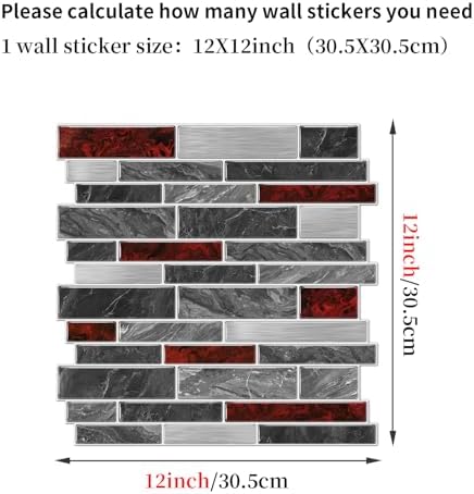 Alwayspon 10 Sheets Black and Red Marble Vinyl Wall Tiles Peel and Stick