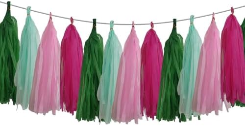 Green Pink Tassel Garland Tissue Decor 15 Pack