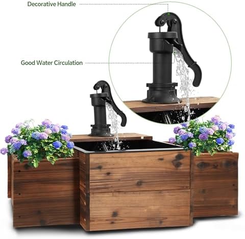 Outdoor Water Fountain with Wooden Base and Flower Box