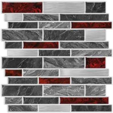 Alwayspon 10 Sheets Black and Red Marble Vinyl Wall Tiles Peel and Stick