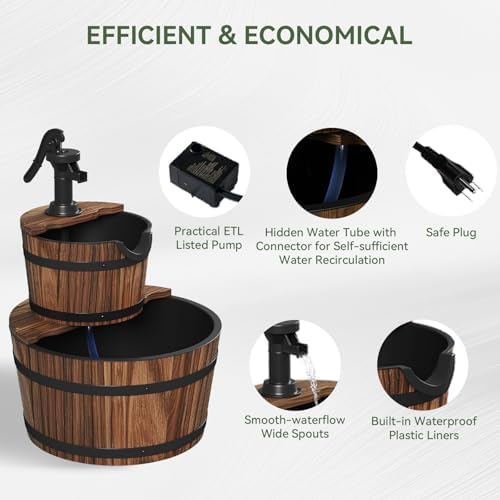 Aoxun 2-Tier Outdoor Water Fountain with Wood Barrel and Electric Pump