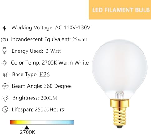 Sunaiony E12 Globe LED Bulbs 2W 6 Pack Warm White Frosted Glass