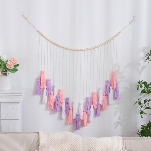Boho Macrame Wall Hanging with Purple Pink Tassels and Wooden Beads