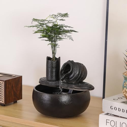 Ceramic Tabletop Fountain Water Feature Black Pot A150