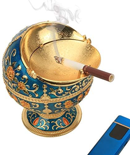 Zinc Alloy Ashtray with Lid Blue-Gold Rose Design
