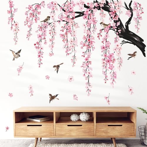 Wondever Pink Cherry Blossom Wall Sticker Tree Branch Art Decal