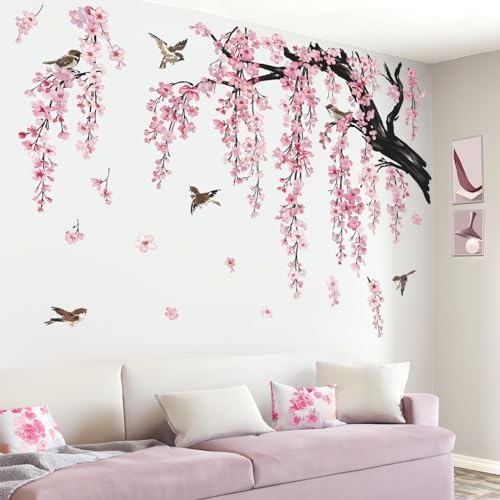 Wondever Pink Cherry Blossom Wall Sticker Tree Branch Art Decal