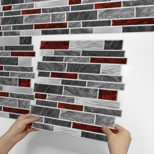 Alwayspon 10 Sheets Black and Red Marble Vinyl Wall Tiles Peel and Stick