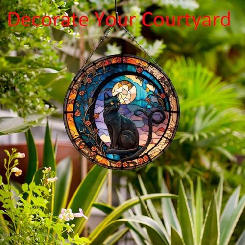 Black Cat Stained Glass Window Suncatcher Decor
