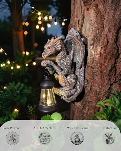 Dragon Statue Solar Lantern for Garden Decor Antique Bronze
