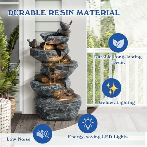 5-Tier Cascading Rock Water Fountain with LED Lights