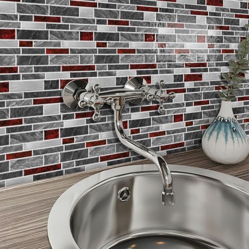 Alwayspon 10 Sheets Black and Red Marble Vinyl Wall Tiles Peel and Stick