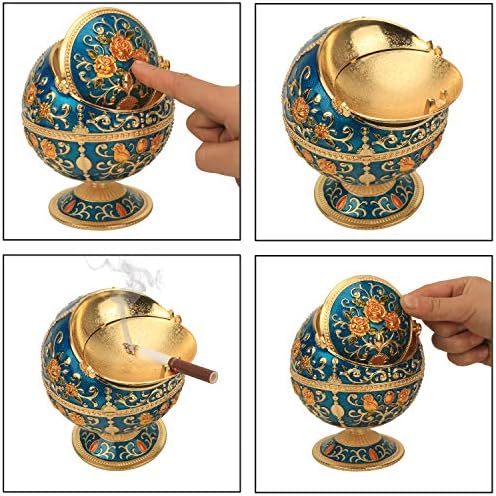Zinc Alloy Ashtray with Lid Blue-Gold Rose Design