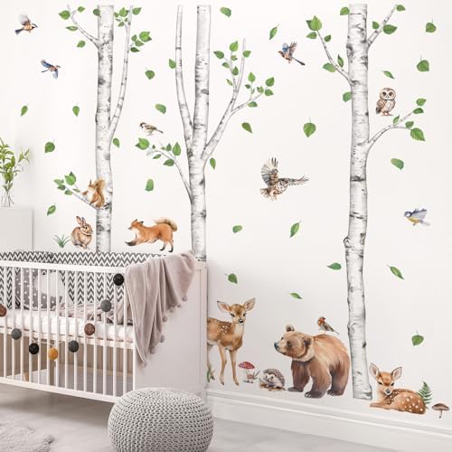 Wondever Large Birch Tree Animals Wall Stickers