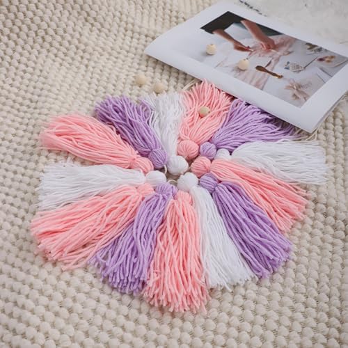 Boho Macrame Wall Hanging with Purple Pink Tassels and Wooden Beads
