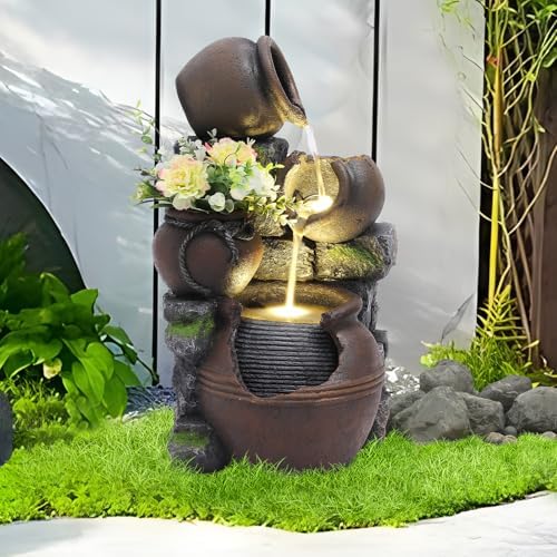 TITIMO Outdoor Water Fountain with Flower Pot and Lights