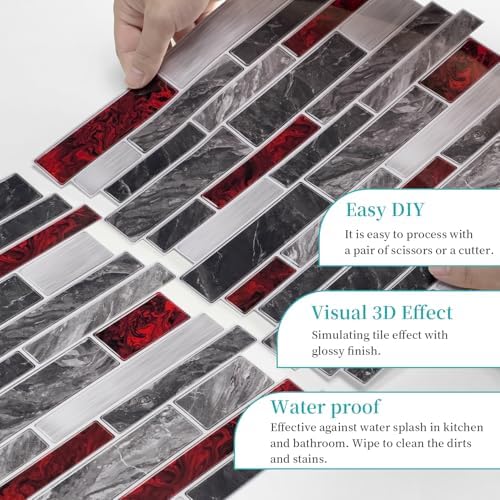 Alwayspon 10 Sheets Black and Red Marble Vinyl Wall Tiles Peel and Stick