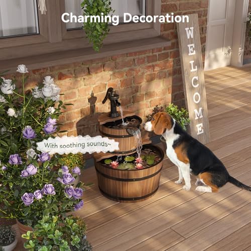Aoxun 2-Tier Outdoor Water Fountain with Wood Barrel and Electric Pump