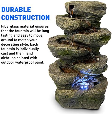 6-Tier Stone and Bark Tabletop Water Fountain with LED Lights