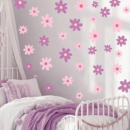 Runtoo Pink Purple Daisy Flower Wall Art Stickers Boho Decor