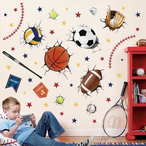 3D Sports Balls Wall Decals Basketball Football Soccer Tennis Wall Stickers