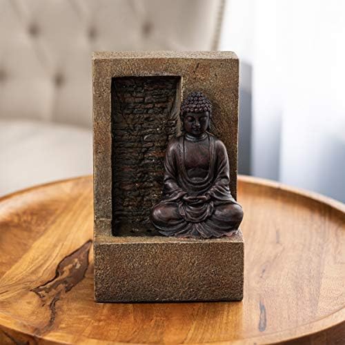 Pure Garden Tabletop Water Fountain - Sitting Buddha Statue by Stone Wall Waterfall