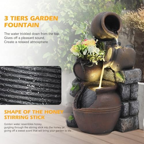 TITIMO Outdoor Water Fountain with Flower Pot and Lights